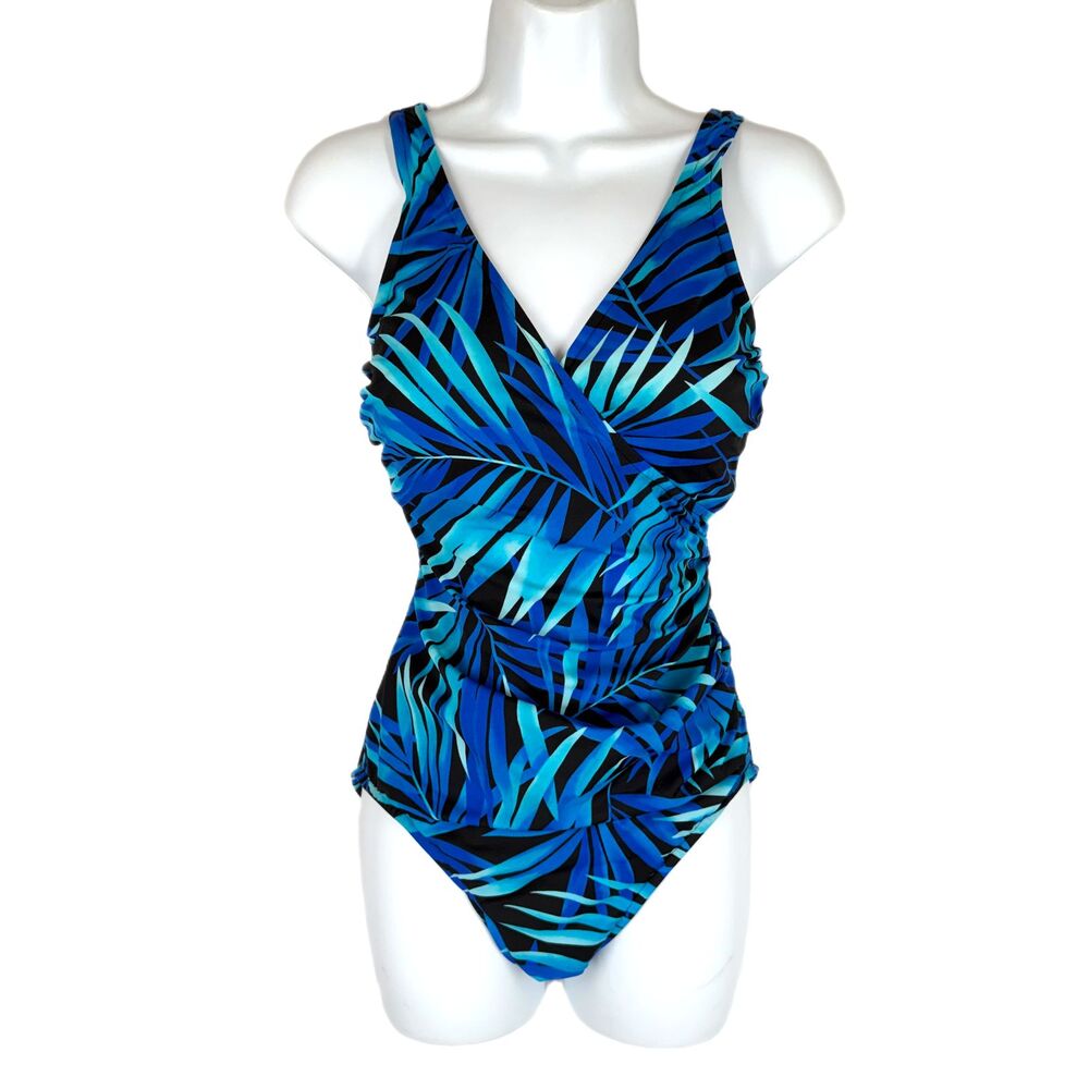 Carribean Joe Swimsuit 12 Turquoise Royal Blue and Black Foliage Tummy Control - Picture 2 of 9
